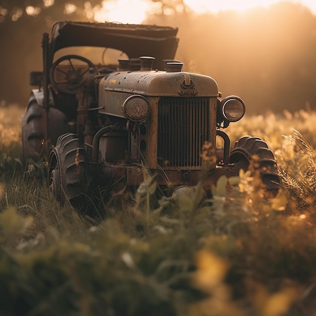 Ein Traktor steht in einer Blumenwiese und die Sonne scheint auf die Vorderseite.