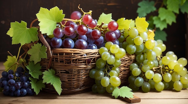 Ein Traubensammel mit grünen Weinblättern in einem Korb auf einem Holztisch