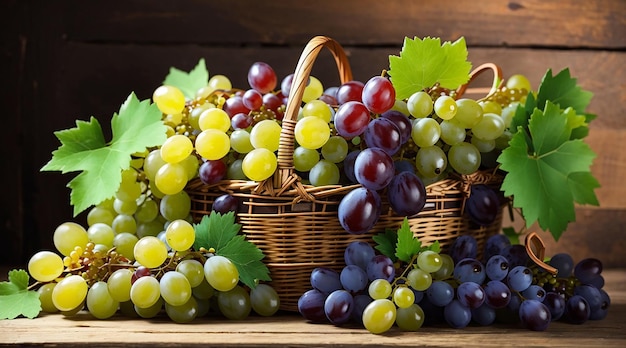 Ein Traubensammel mit grünen Weinblättern in einem Korb auf einem Holztisch