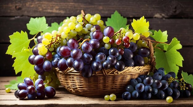 Ein Traubensammel mit grünen Weinblättern in einem Korb auf einem Holztisch