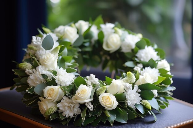 Ein Trauerkranz aus weißen Rosen und Eukalyptus