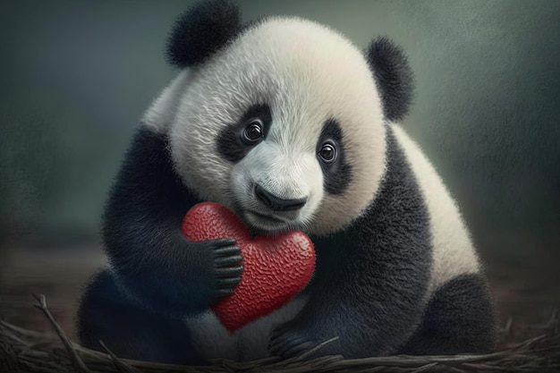 Ein trauriger panda hält ein rotes herz in seinen pfoten, das von der ki  generiert wurde