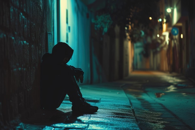 Ein trauriger Teenager sitzt nachts ganz allein in einer Gasse
