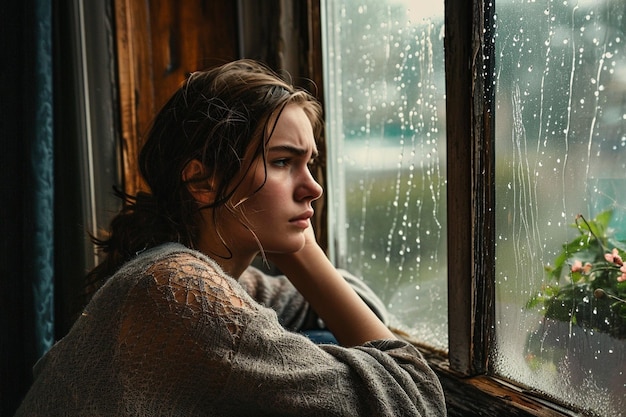 ein trauriges Mädchen sitzt neben dem Fenster, während es regnet