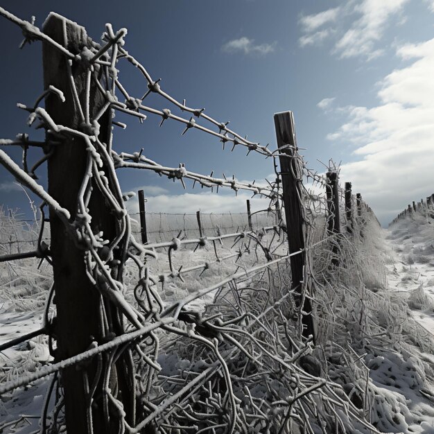 Foto ein trauriges realistisches foto von stacheldraht in einer winterumgebung