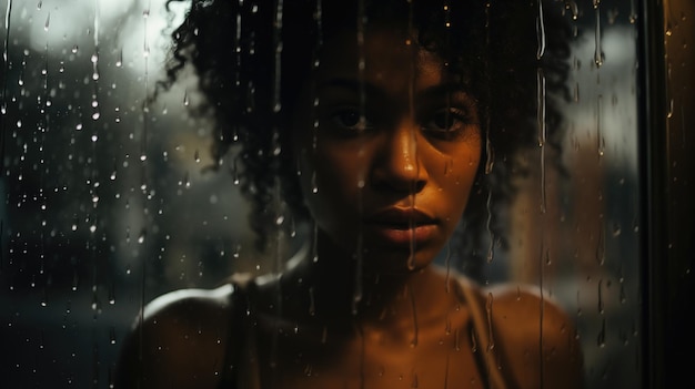 Ein trauriges schwarzes Mädchen hinter einem Glasfenster mit kleinen Regentropfen und leicht vernebelt