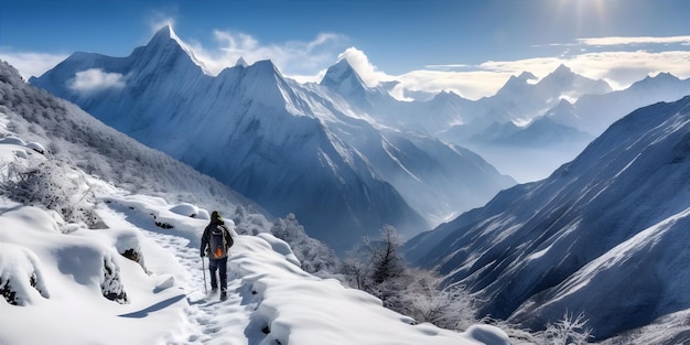 Ein Trekking durch eine schneebedeckte Bergkette, umhüllt von Nebel unter einem klaren blauen Himmel