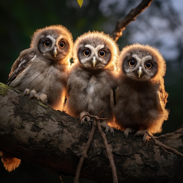 Ein Trio junger Eulen saß auf einem Baum, ihre großen Augen waren voller Staunen