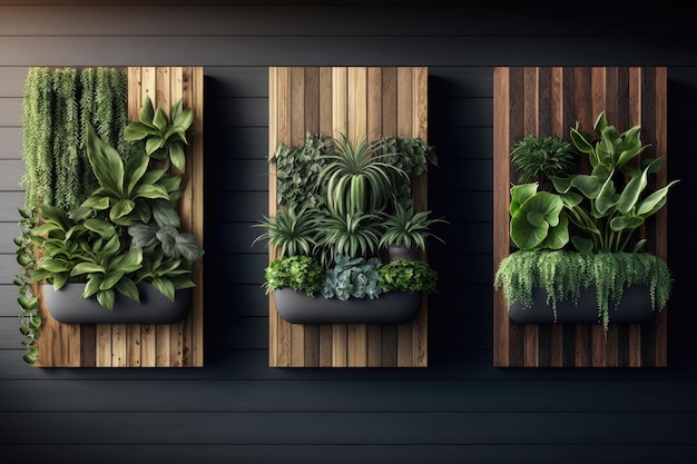 Foto ein trio vertikaler gärten mit verschiedenen pflanzen auf einer naturholzwand, erstellt mit generativer ki