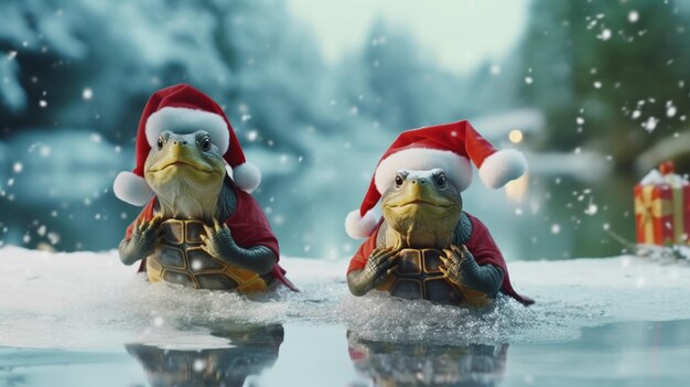 Foto ein trio von weisen schildkröten, die als weihnachtssänger gekleidet sind und in einem winterteich, der von fesen umgeben ist, weihnachtenlieder singen