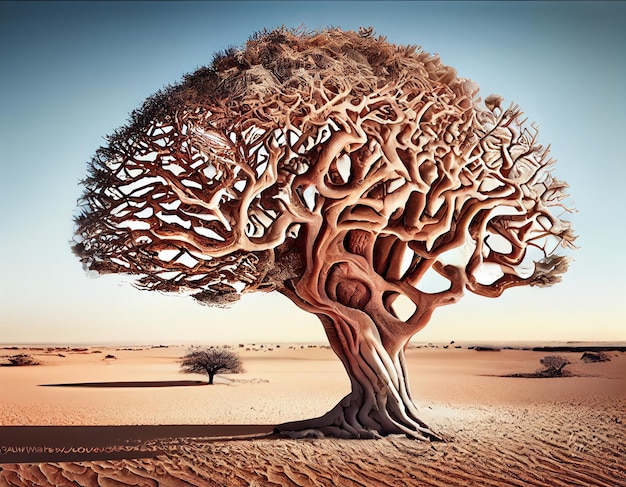 Ein trockener Baum in Form eines Gehirns in der generativen KI der Wüste
