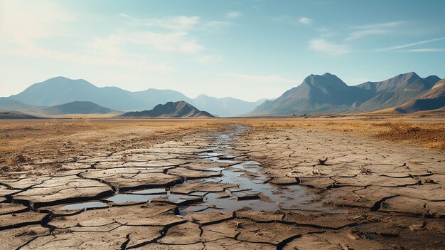 Ein trockenes Feld mit einer Pfütze Wasser und Bergen