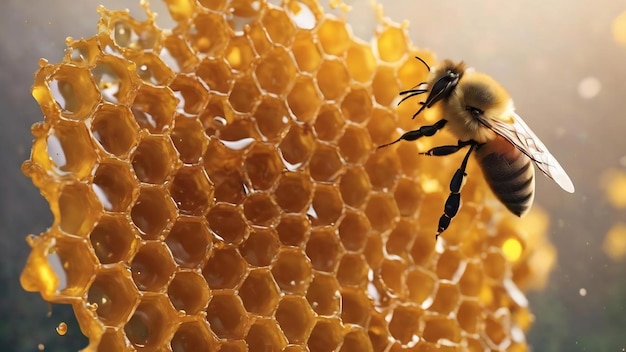 Ein Tropfen Bienenhonig tropft aus sechseckigen Waben, die mit goldenem Nektar gefüllt sind.