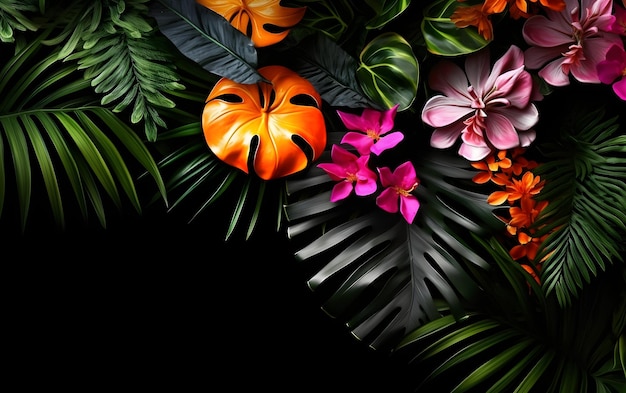 Ein tropischer Hintergrund mit tropischen Blättern und Blumen.
