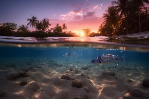 Ein tropischer Sonnenuntergang mit einem Fisch und Palmen im Hintergrund
