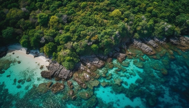 Ein tropischer Strand mit blauem Meer und Bäumen