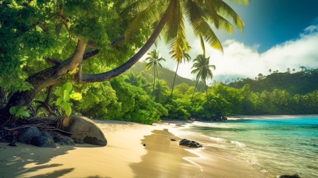 Ein tropischer Strand mit Palmen und blauem Himmel