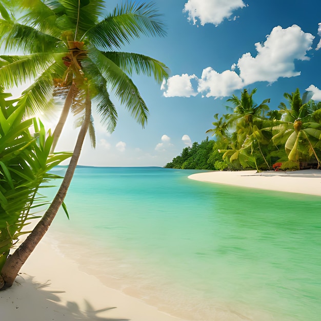 ein tropischer Strand mit Palmen und einem blauen Himmel