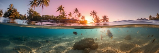 Ein tropischer Strand mit Palmen und einem Sonnenuntergang im Hintergrund