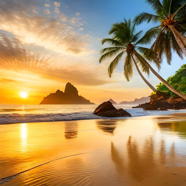 Ein tropischer Strand mit Palmen und einem Sonnenuntergang