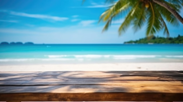 Ein tropischer Strandhintergrund mit einem leeren Holztisch. Generative KI