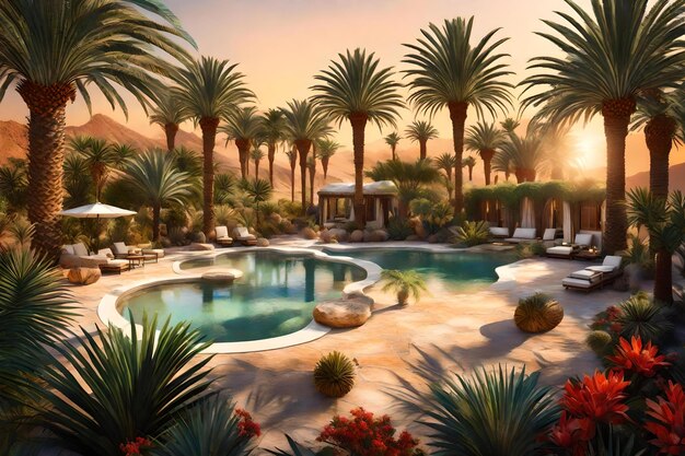 Ein tropisches Paradies mit Palmen und einem Pool.