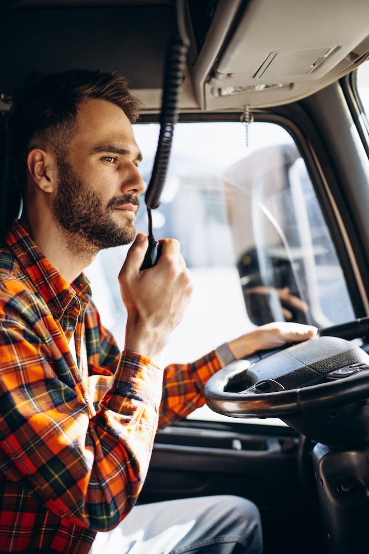 Foto ein truckfahrer fährt in einer kabine seines lastwagens und spricht über einen funksender