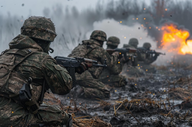 Ein Truppen von Soldaten in Kampfuniformen bei einer Schussübung auf einem rauchigen Schlachtfeld