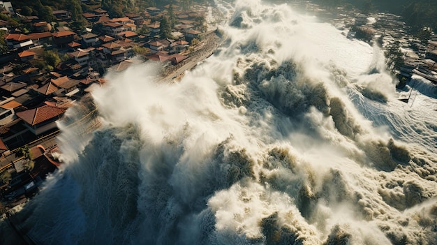 Foto ein tsunami überschwemmt ein traditionelles dorf