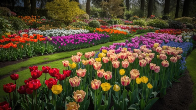 Ein Tulpenfeld in einem Garten mit grünem Rasen und Bäumen im Hintergrund.