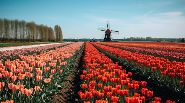 Foto ein tulpenfeld mit einer windmühle im hintergrund