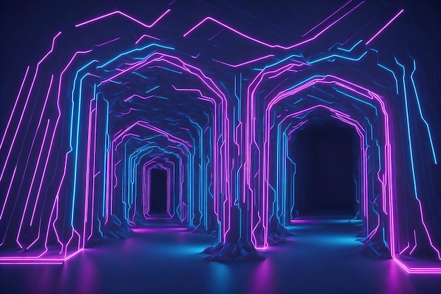 Ein Tunnel aus Neonlichtern mit blauem Hintergrund