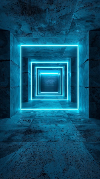 Ein Tunnel, der mit neonblauen Lichtern gesäumt ist und das Auge in einen geometrischen Wirbel zieht, der eine faszinierende und futuristische Atmosphäre erzeugt