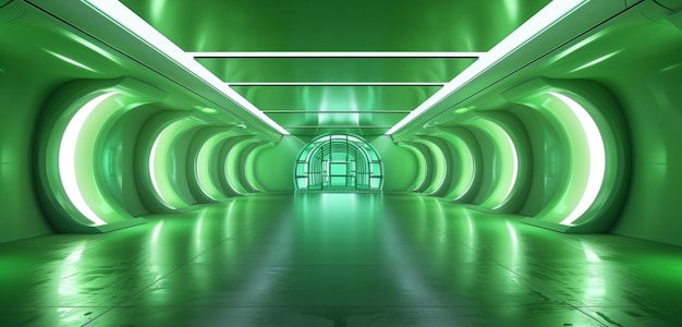 Ein Tunnel, der mit neongrünen Lichtern leuchtet, ruft mit seinen lebendigen Farben die Energie eines futuristischen Reisens hervor, der zu einem Ausgang mit Glaskuppel führt