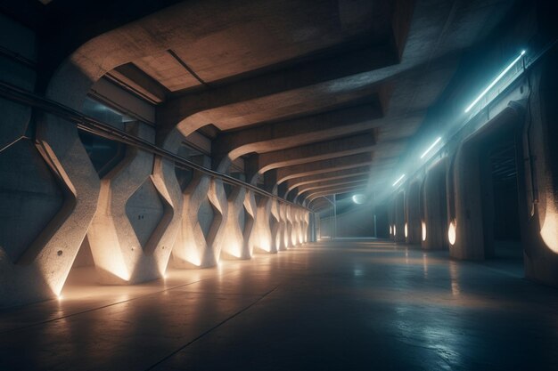 Ein Tunnel mit einer Betonkonstruktion, an der ein Licht angebracht ist und auf der das Wort „“ steht.