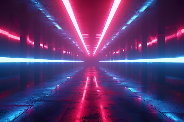 Ein Tunnel mit Neonlichtern und einem langen Gehweg zwischen ihm und einem Parkplatz mit einem Parkplatzzähler in