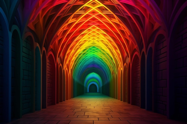 Ein Tunnel mit regenbogenfarbenen Bögen und einer regenbogenfarbenen Decke.