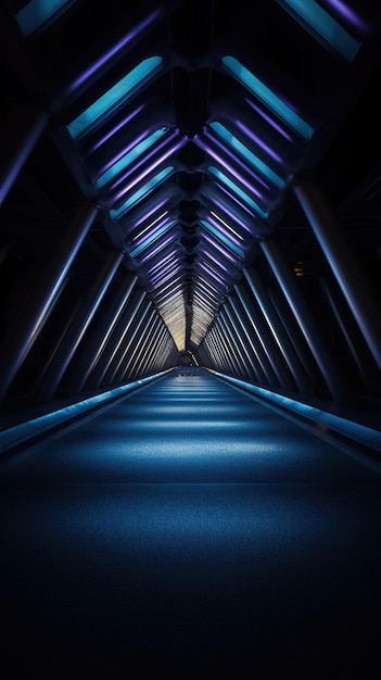 Ein Tunnel mit violetten Lichtern und einem blauen Licht an der Decke