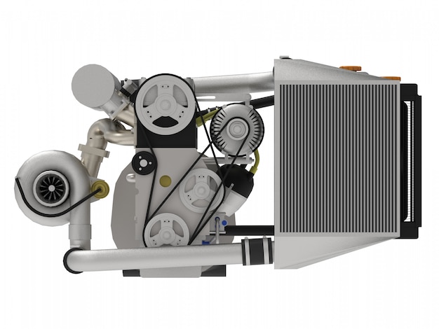 Ein turbogeladener Vierzylinder-Hochleistungsmotor für einen Sportwagen. 3D-Rendering.