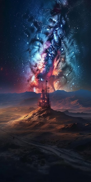 Ein Turm am Himmel mit einer bunten Galaxie im Hintergrund