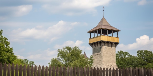 Ein Turm mit einem Kreuz darauf ist von einem Zaun umgeben.