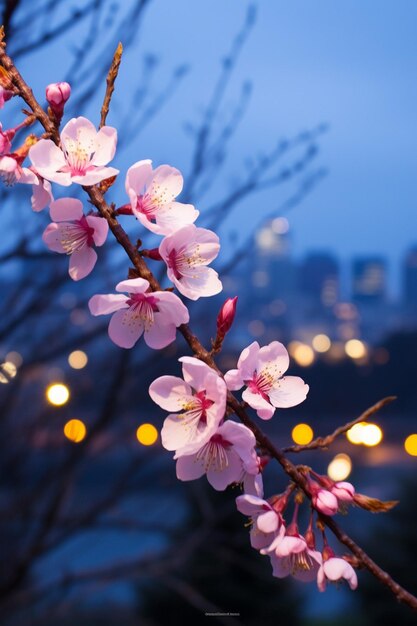 Ein Twilight-Fotoshoot von Kirschblüten mit Stadtlichtern im fernen Hintergrund