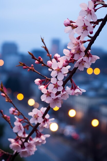 Ein Twilight-Fotoshoot von Kirschblüten mit Stadtlichtern im fernen Hintergrund