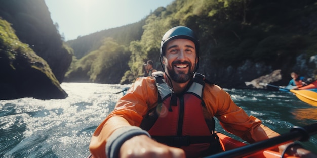 Ein Typ fährt in einem Kajak einen Bergfluss hinunter. Generative KI