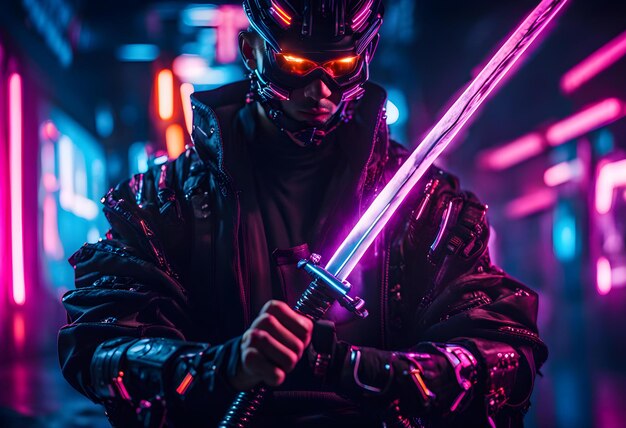 Ein Typ in einem Cyberpunk-Bild hält einen Cyborg-Samurai