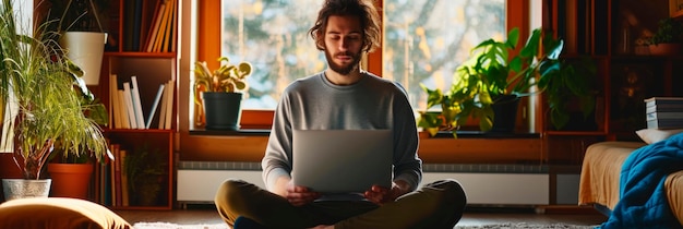 Ein Typ in einer gemütlichen häuslichen Umgebung, der mit seinem Laptop verbunden ist, in der Lotusposition sitzt und die Bequemlichkeit genießt, mit einem einfachen Klick Essen zu bestellen.