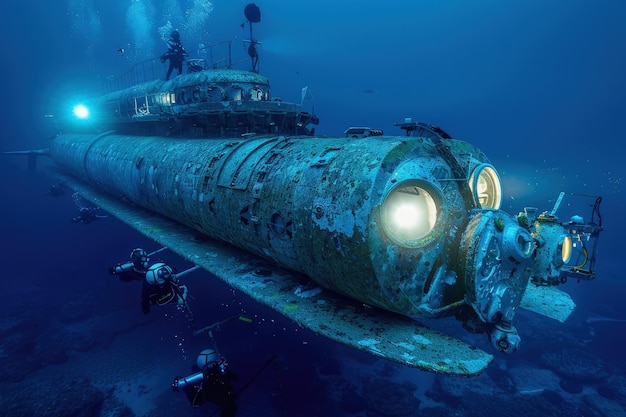 Ein U-Boot im Wasser mit einem Licht darauf