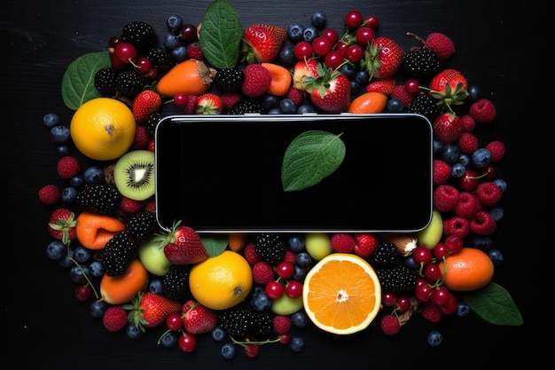 Foto ein überblick über ein smartphone mit vielen früchten auf schwarzem hintergrund