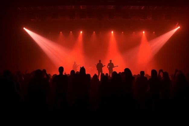 Ein überfüllter Konzertsaal mit Szenenbühne in Rotlicht-Rockshow mit Menschensilhouette