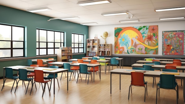 Ein überfülltes Klassenzimmer mit Reihen von Schreibtischen und Stühlen